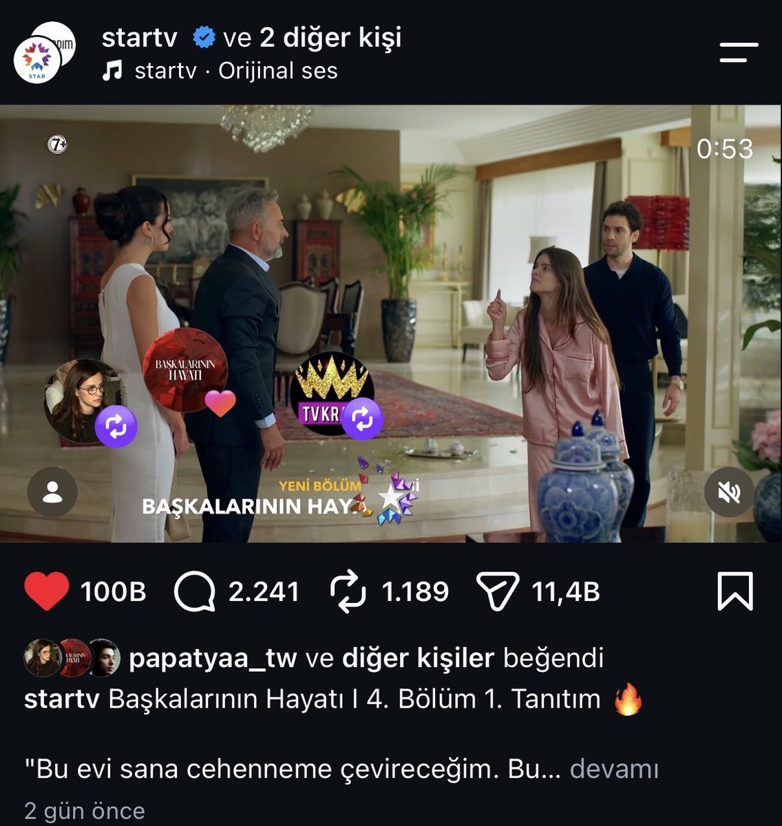 deniz22203's tweet photo. 100k beğeni aldı ilk fragman reytinglerde iyi bir artış yaşayacağımızı umuyorum #başkalarınınhayatı https://t.co/Sh3Ly9K1H2