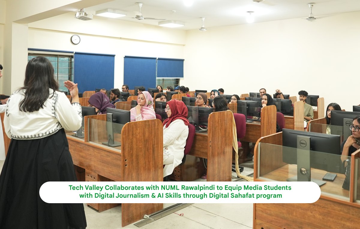 TechValleyPak's tweet photo. Tech Valley, as part of its Digital Sahafat initiative with Google News Initiative, conducted a training at NUML University, Rawalpindi Campus, equipping Media and Communication Studies students with digital journalism skills, information verification, and Google AI tools. https://t.co/KKbbfoSVGE