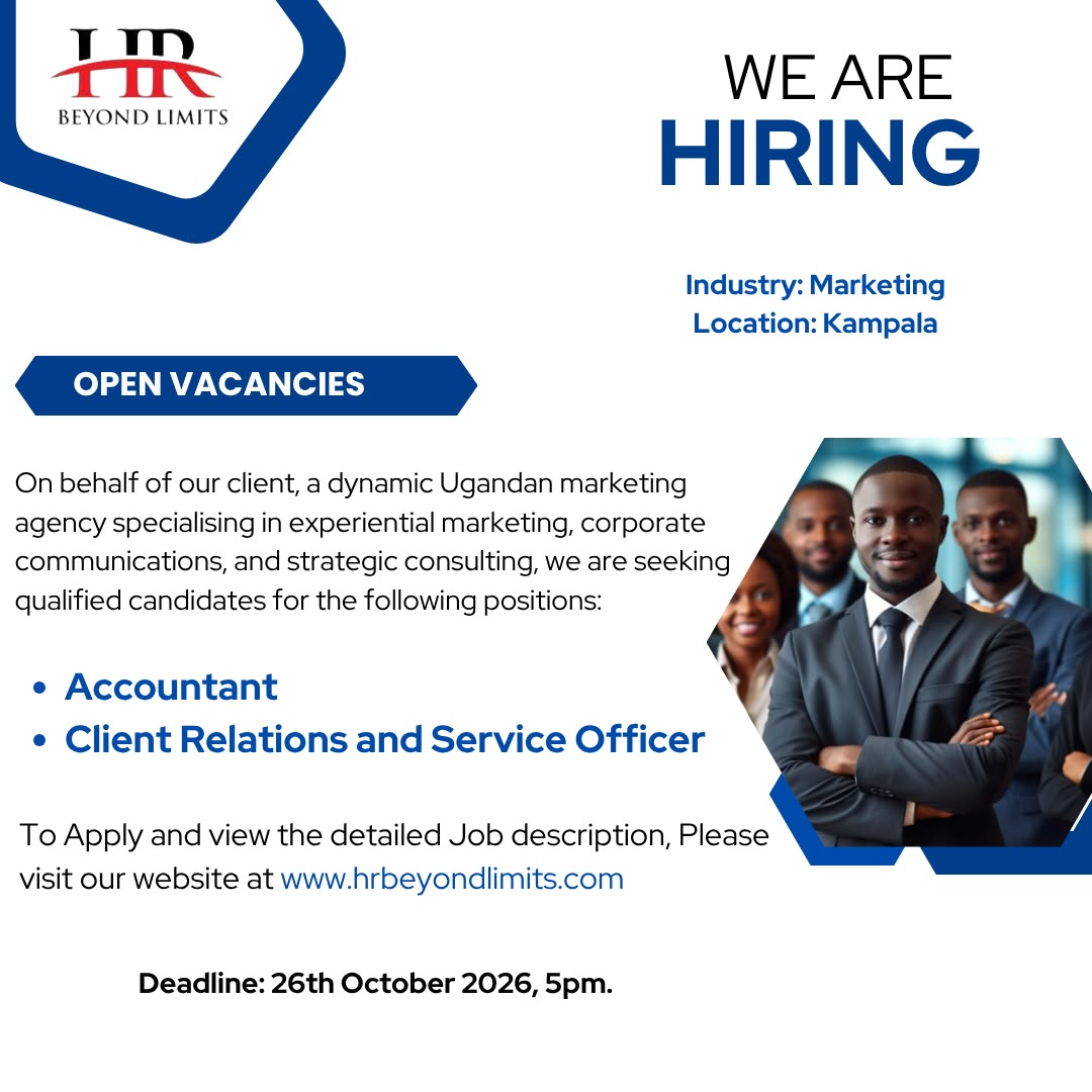 HR_BeyondLimits's tweet photo. Our client, a Ugandan Marketing agency with big ideas, needs two more people to contribute to them. They need an accountant and a Client Relations Officer. Could it be you? 
📩 Apply: https://t.co/7B3iXcPIhW
https://t.co/KrGWD5JYEB https://t.co/lhvf3XOQMk
