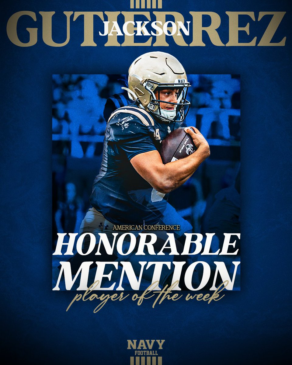 NavyFB's tweet photo. Jackson has earned @American_Conf Honorable Mention honors after a standout performance this week!

Congrats, Jackson!

#GoNavy | #RollGoats https://t.co/L9p6LjmWea
