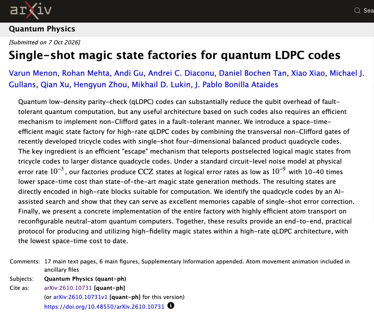 BlueQubitIO's tweet photo. ✨ Magic states, 10–40x cheaper.
New qLDPC factory teleports CCZ magic from tricycle codes into single-shot 4D quadcycle codes, reaching logical error rates as low as 10⁻⁹ at p = 10⁻³ 📉
📖 https://t.co/odeGfRUvTu

#QubitScript #QuantumComputing #QEC