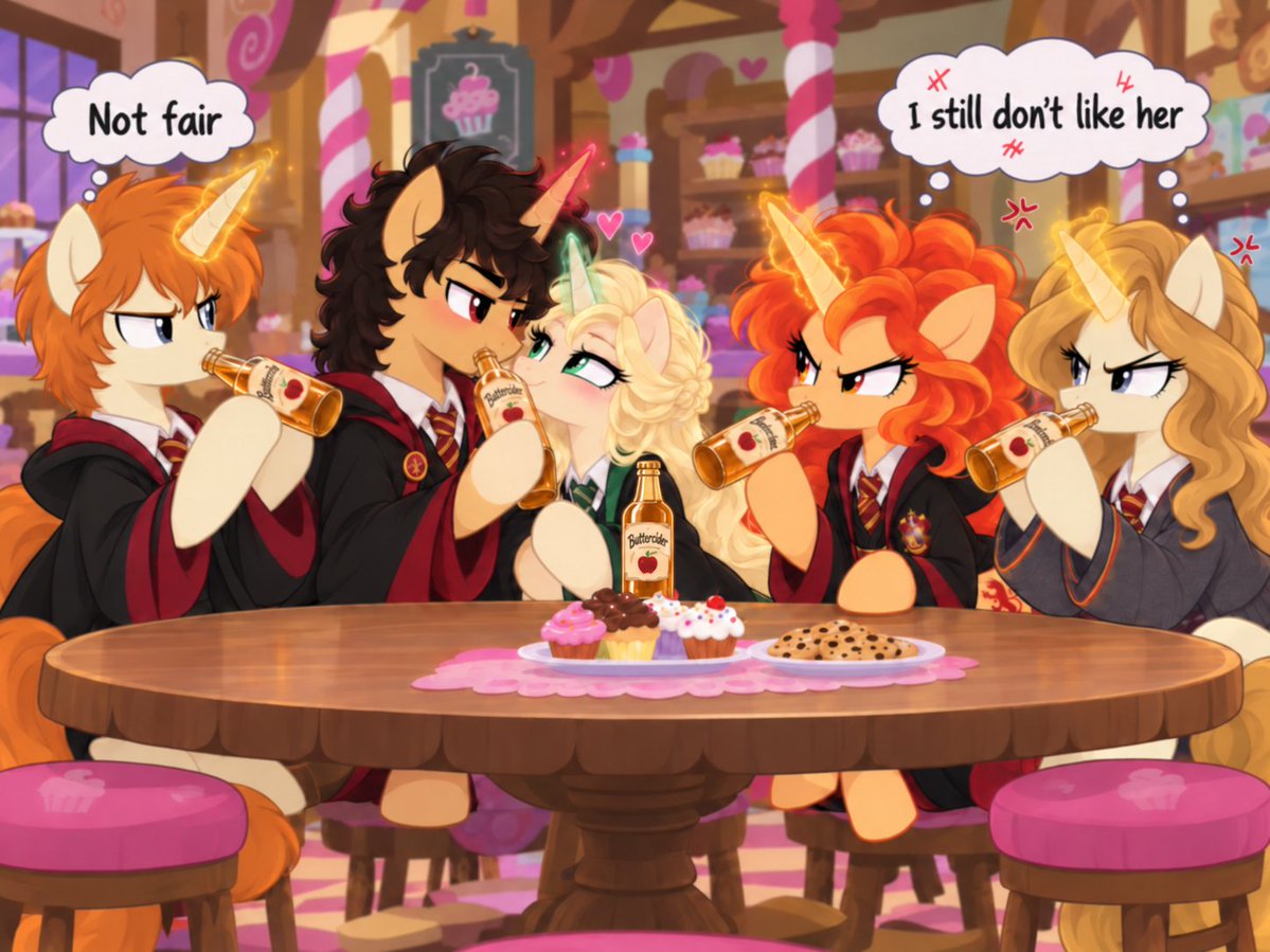 DougLoremaster's tweet photo. A war of devastating proportions is brewing at Sugarcube Corners, the likes of which the Wizarding Ponies have never seen. Even the fabled Buttercider might not fix this.
#harrypotter #malfoid #mlpai https://t.co/23jlhG5mfq