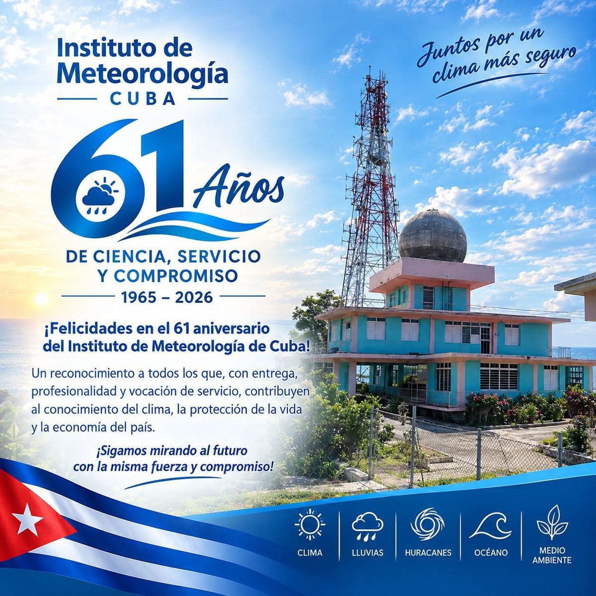 RadioGranma's tweet photo. ¡61 años de ciencia, servicio y compromiso! 🇨🇺☀️

Felicitamos al @InsmetC en su aniversario. Gracias por su labor incansable protegiendo la vida y la economía del país. ¡Juntos por un clima más seguro! 🌧️🌀🌊

#INSMET #Cuba #Aniversario61 #Meteorología https://t.co/lI9H1r12Tw