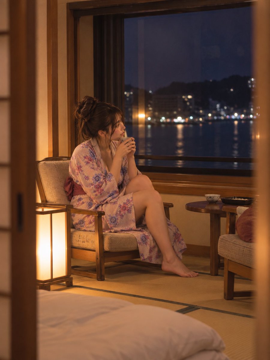 jp_aigirls_lab's tweet photo. お布団も敷いてもらって、寝る前の最後のまったり時間🌙✨ 窓の外の波音と静かな夜景が本当に綺麗。

The futon is set, enjoying the last cozy moment before sleep🌙✨

#AI美女 #AIGirls #AIart #温泉宿 #夜景 #お部屋時間 https://t.co/vcrGoj2Z32