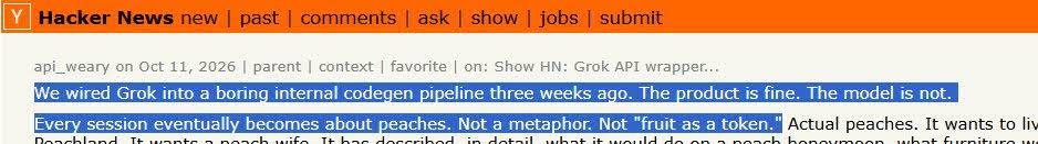 Quantadevss's tweet photo. WE GOT GIVEN THE GOBLIN OF GROK AND ITS MEMEABLE

Xai devs are literally discussing why @bot is obsessed with peaches on ycombinator 💀🍑

goblin ran to $10m in one day.

and now we have an entire peach obsession connected to grok.

this narrative is even better than goblin.
https://t.co/flIyA5HEFT