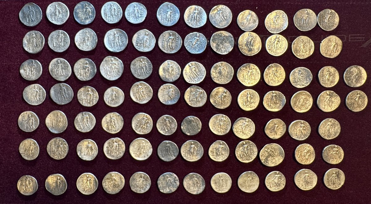 _Treasure_Kings's tweet photo. Attention! 
 #metaldetection - A hoard of ancient silver from Romanian 🇷🇴 detectorist Teo Teodorescu.
  86 tetradrachms of the Geto-Dacian tribes, struck as copies of the famous Thasos coins. 
  Young Dionysos on one side, Herakles with club and lion skin on the other.
  Late 2nd–early 1st century BC. The silver of the Lower Danube.
  The hoard has gone to the town hall, the county culture office, and the museum.