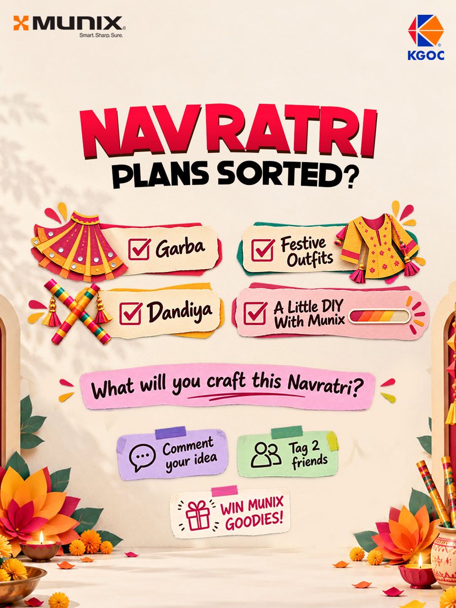 MunixKGOC's tweet photo. Navratri plans sorted. Now it's your turn to get creative!

Tell us what you would craft this Navratri with Munix.
Comment your DIY idea and tag 2 friends to participate. 

You could win exciting Munix goodies!

Check out more Munix products from the link in bio.

#Munix #Navratri #KGOC #CraftWithMunix #Giveaway