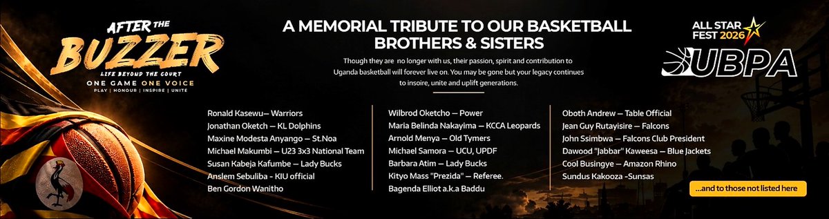 UBPA_'s tweet photo. Commemorating our fallen Soldiers!

Ronald Kasewu – Warriors  
Jonathan Oketch – KI. Dolphins  
Maxine Modesta Anyango – St. Noa  
Michael Makumbi – U23 3x3 National Team  
Susan Kabeja Kafumbe – Lady Bucks  
Anslem Sebuliba – KIU official  
Ben Gordon Wanitho  
Column 2:
Wilbrod Oketcho – Power  
Maria Belinda Nakayiro – KCCA Leopards  
Arnold Mwesigwa – Old Timers  
Michael Ssentongo – UCU, UPDF  
Barbara Atim – Lady Bucks  
Kityo Moses "Pessila" – Tazman  
Bagenda Elliot a.k.a Bubbles
Obukunyang Jonathan -UCU,JKL,UPDF
Helen  Tebyasa - Muk Sparks
Balemwa Richard - Power 
Waligo Lawrence - Vegetarians Basketball
Daniel Ogwang - UPDF