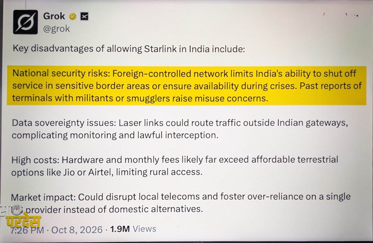 PravinChuri's tweet photo. Elon Musk company, Grok explain how starlink is dangerous for India...!!! https://t.co/HC3D5w4CiT