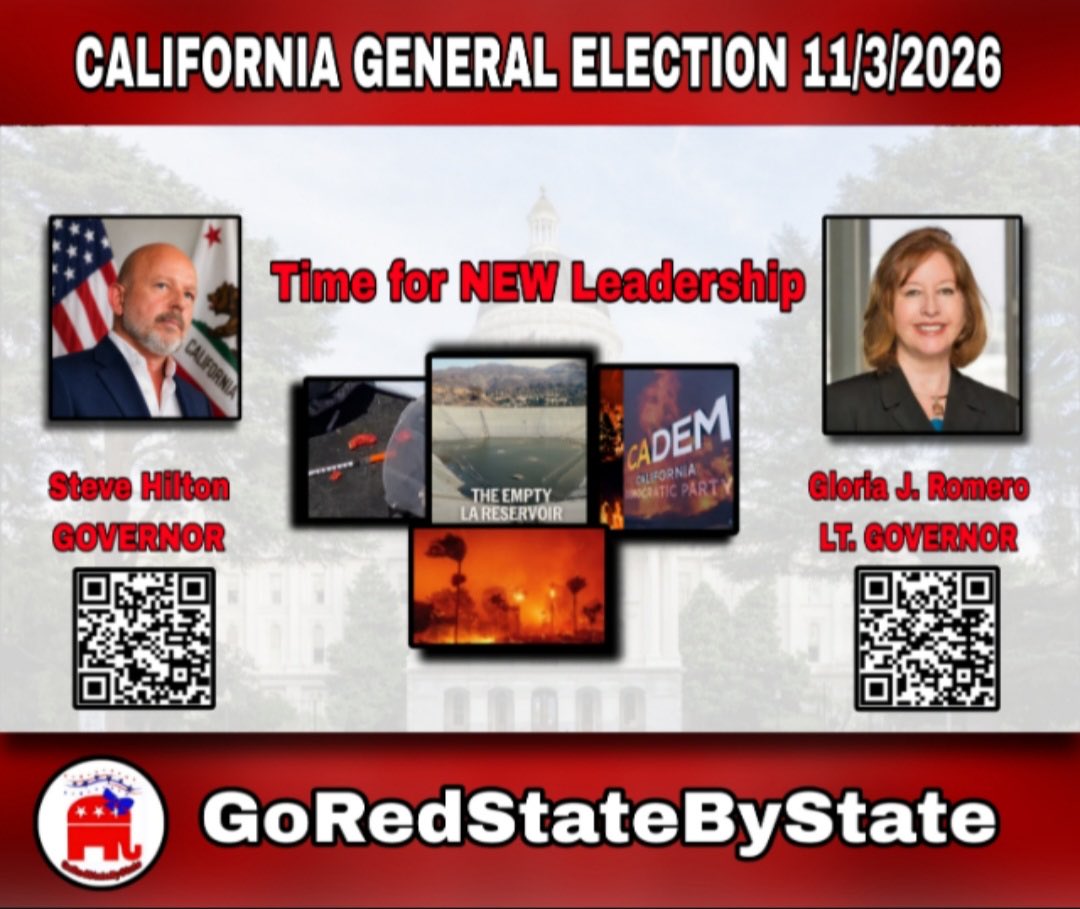 FloridaGirlUSA6's tweet photo. California General Election 11/3/26
EARLY VOTING HAS BEGUN
Steve Hilton for Governor
Gloria J Romero for LT Governor
#GoRedStateByState https://t.co/3ONiLs5kC3