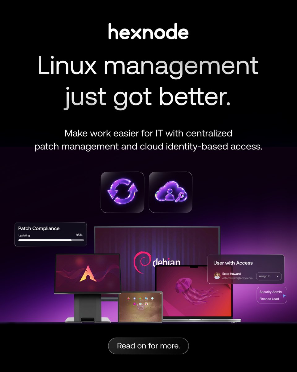 thehexnode's tweet photo. Managing different Linux distributions can mean juggling separate update workflows, custom scripts and login configurations—adding to IT’s everyday workload. 
 
Hexnode now supports Linux patch management and cloud identity-based device login, expanding its Linux management capabilities to ease IT workloads.

IT teams can now:
✅  Identify missing software updates across Ubuntu and Fedora from one console.
✅ Remotely deploy selected updates, reducing reliance on distribution-specific scripts.

Additionally, with Hexnode Access extended to Linux, employees can now sign in to Linux devices using their organizational cloud credentials.

Read more: https://t.co/AF9hB6sdRu