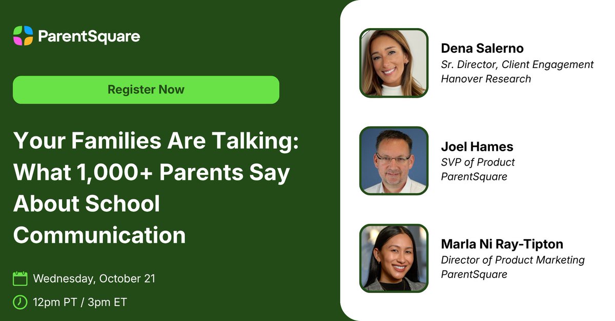 ParentSquare's tweet photo. Most districts hear from parents when something goes wrong.

But what about the families who never write in?

We asked 1,000+ K–12 parents. On Oct. 21, we’re revealing what they told us with @HanoverResearch.

👉 Save your seat: https://t.co/VA1atc3b7X

#K12 #FamilyEngagement https://t.co/pDON1WTNKz