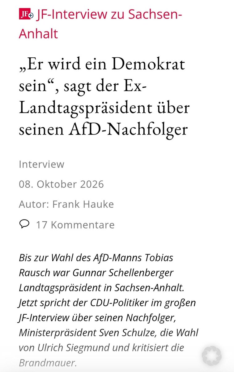AndreasMFroese's tweet photo. Ein Tiefpunkt für unsere Demokratie in der vergangenen Woche: In #SachsenAnhalt verharmlost der frühere Landtagspräsident #Schellenberger den #Rechtsextremismus seines Amtsnachfolgers der #noAfD. Und das zudem in einem Interview mit der "Jungen Freiheit". #Haltung, so wichtig. ￼ https://t.co/uVuOrlFsKs