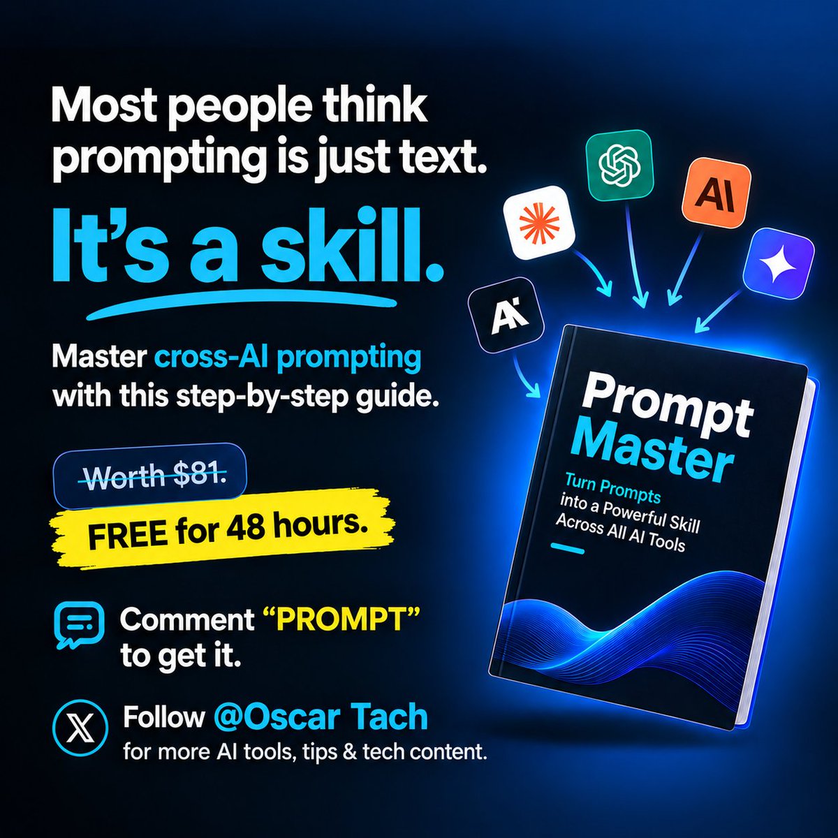 Oscar_Tech0's tweet photo. 🚀 Prompting is a skill. Master AI, master the future! 💙🤖 — Oscar Tach https://t.co/VYbtTvV3Av