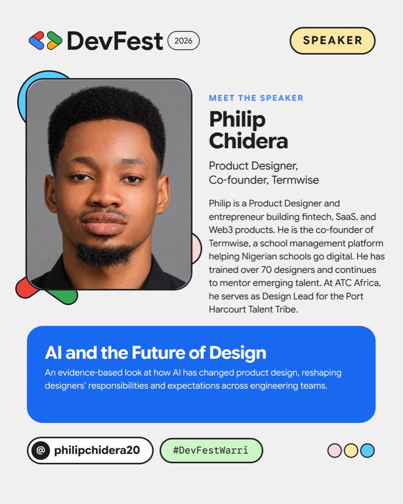 gdg_warri's tweet photo. Also joining us as a speaker for DevFest Warri in Effurun is Philip Chidera @philipchidera20 Product Designer and Co-founder, Termwise

Philip will be speaking on AI and the future of design

Claim your free ticket for DevFest Warri using https://t.co/gK5qgF3jpz https://t.co/xv3xn6weWT