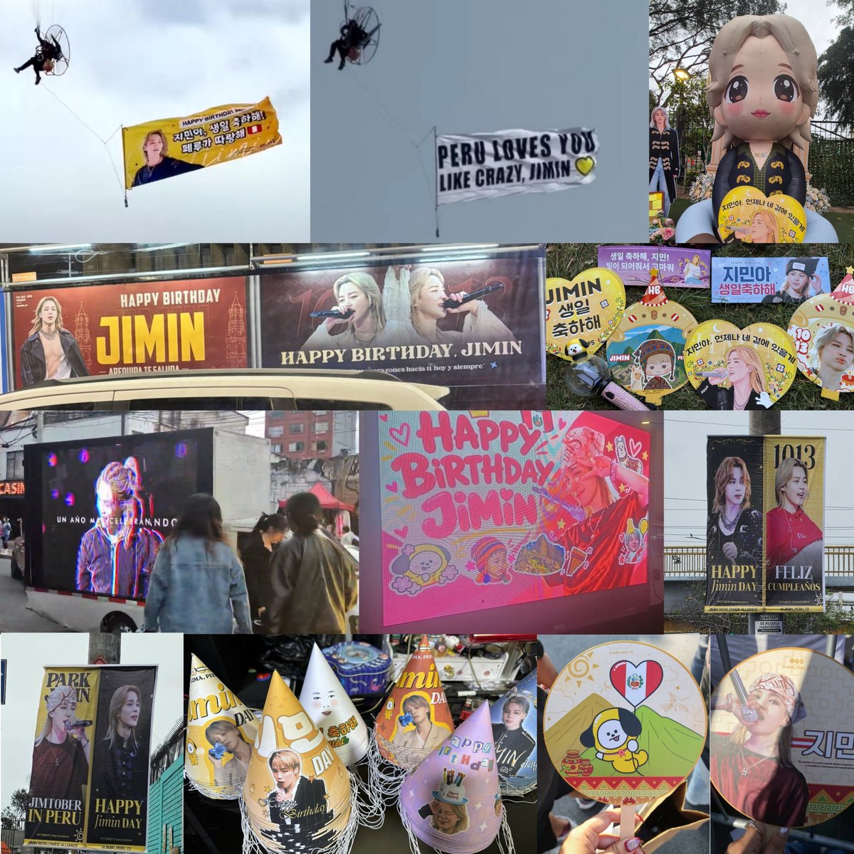 musedreams's tweet photo. thank you peru for showing so much love and basically turning into jiminland! from an entire wrapped train, to billboards, a drone show, paragliders, trucks, street banners, doll, concert banners/hats and singing hbd at all three dates! https://t.co/VNLnXqHa1e