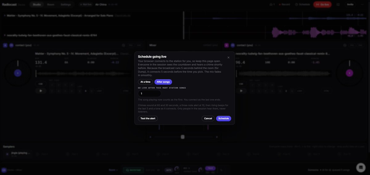 radiocastnet's tweet photo. The pain of going live is over.

Meet Radiocast Decks Alpha: connect directly to your Radiocast station, invite up to 5 live collaborators, and coordinate backstage with built-in chat.

More than DJing. A better way to broadcast.

Coming soon to Small Business plans and up. https://t.co/y1Dok0CeaE