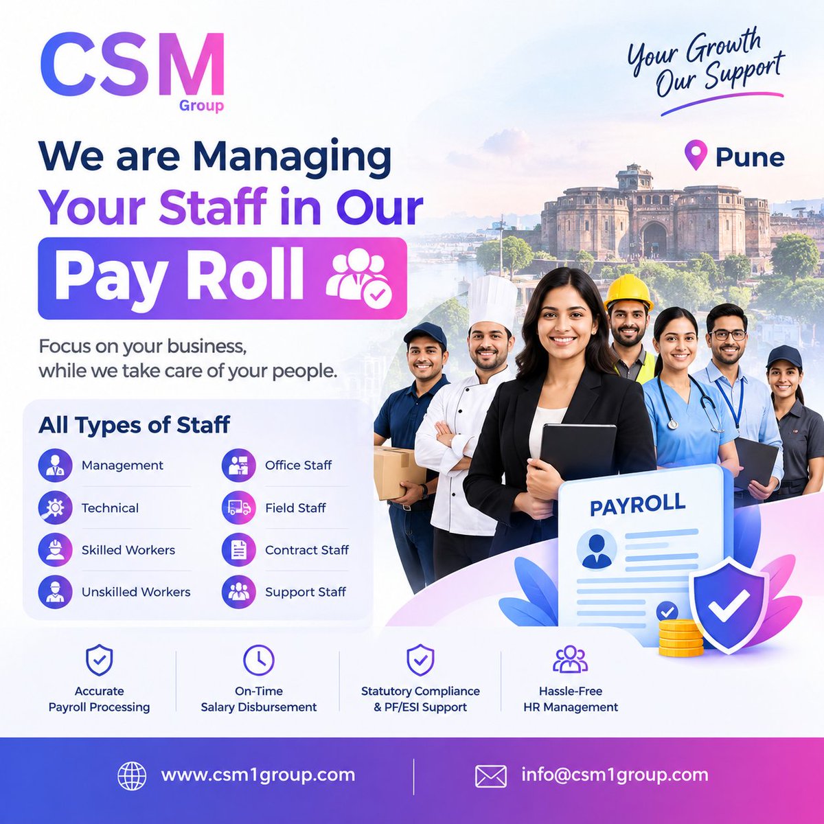 CsmGroup001's tweet photo. 🚀 CSM Group manages your staff payroll &amp; HR needs!

✅ All types of staff
✅ Payroll management
✅ PF &amp; ESI support
📍 Pune | 🌐 https://t.co/qLgE9essE2
📧 info@csm1group.com
Your Workforce, Our Responsibility!

#CSMGroup #PayrollManagement #HRServices https://t.co/Lu7mRZNdDY