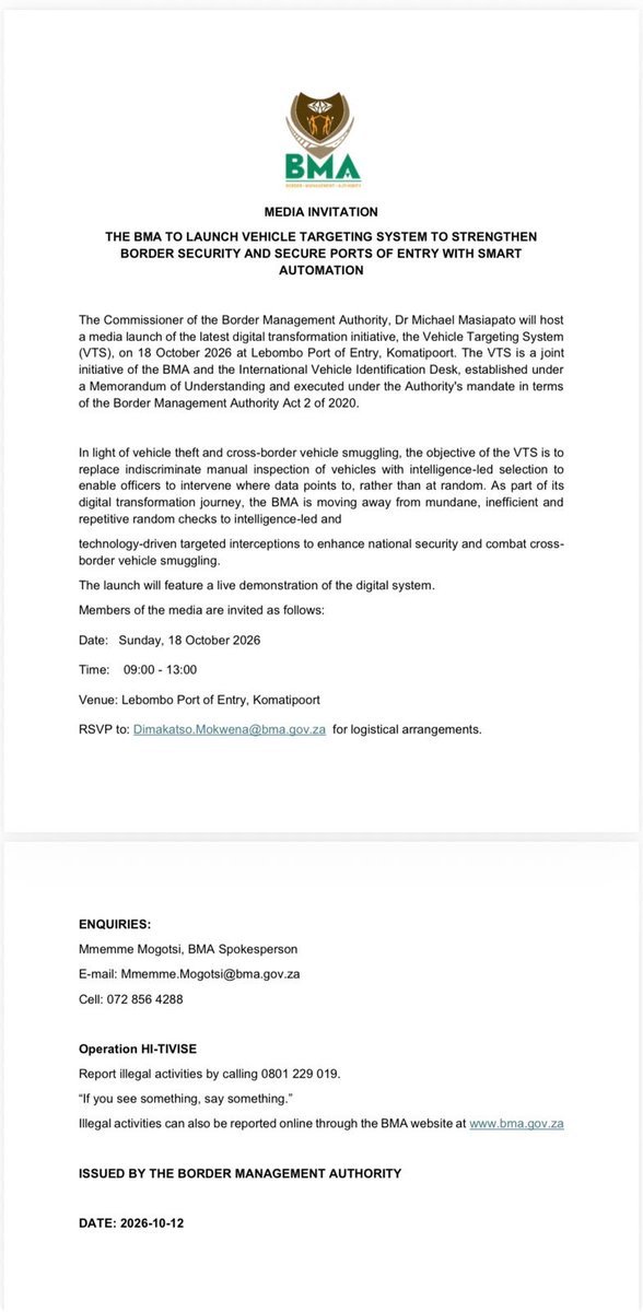 TheBMA_SA's tweet photo. MEDIA ALERT: THE BMA TO LAUNCH VEHICLE TARGETING SYSTEM TO STRENGTHEN BORDER SECURITY AND SECURE PORTS OF ENTRY WITH SMART AUTOMATION https://t.co/h86LOonLVv