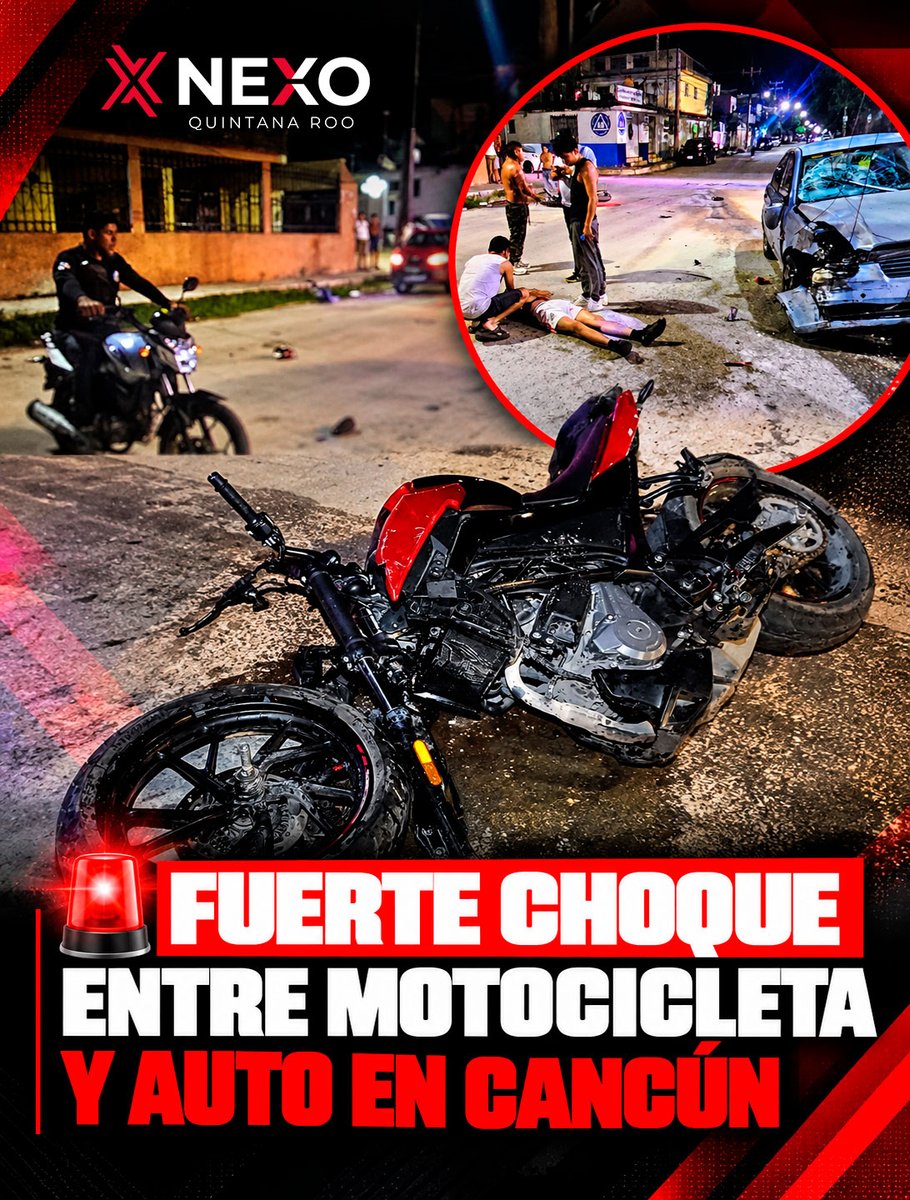 nexoquintanaroo's tweet photo. para x mas corto
🚨 FUERTE CHOQUE EN CANCÚN

🏍️ Una motocicleta y un Honda Attitude chocaron en la Región 95. Un motociclista resultó lesionado y fue trasladado al hospital.

https://t.co/khXTSvOf8l
#NEXO #Cancún #ÚltimaHora https://t.co/sVcwLGHbmK