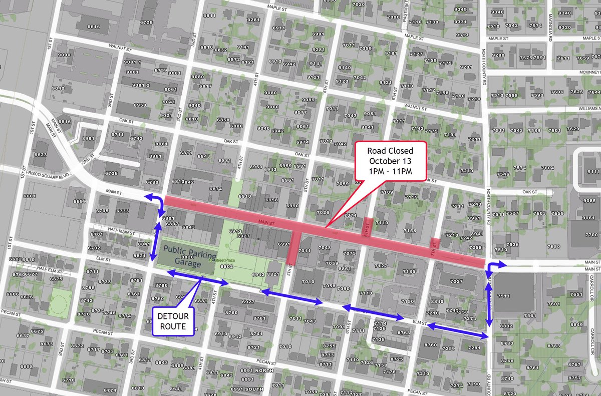 CityOfFriscoTx's tweet photo. Main Street will be closed between 3rd Street and North County Road on Tuesday, October 13, for the Rail District Celebration in downtown Frisco. The road will close at 1 p.m. for event setup. The event begins at 6 p.m., and the road will reopen at 11 p.m.

During the closure:
- Traffic on Main Street will be detoured to Elm Street.
- Traffic from side streets approaching Main Street will be detoured to Elm Street or Oak Street and must use 3rd Street or North/South County Road to reconnect with Main Street.

Parking for the event will be available in the new Rail District Parking Garage at 3rd and Elm streets. Additional public surface parking is available along Oak and Elm streets.

Drivers are urged to use caution in the detour areas and to plan alternate routes. Drivers who are not attending the event are encouraged to avoid Main Street and use Eldorado Parkway or Stonebrook Parkway for east–west travel.
