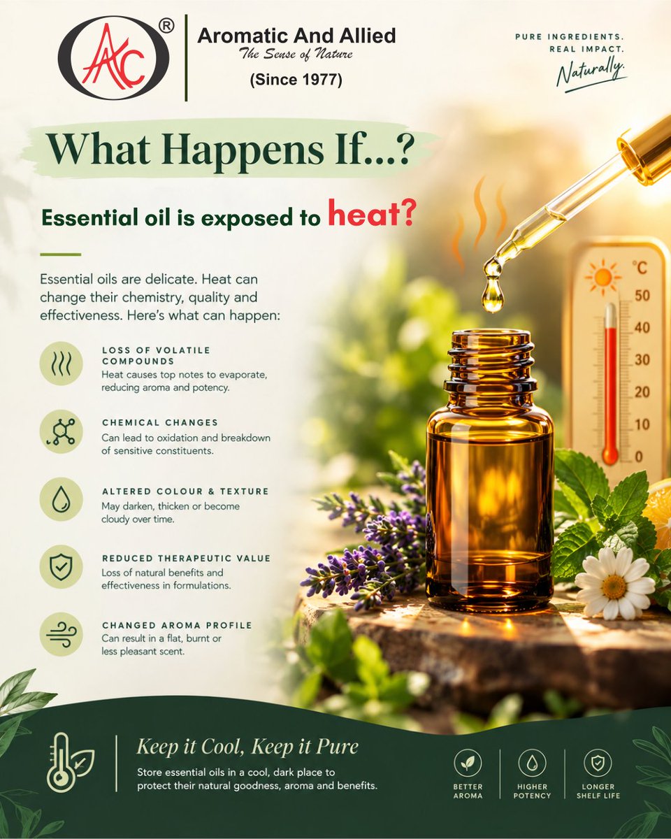 AromaticAllied's tweet photo. Preserve essential oils by storing them in tightly sealed containers, away from sunlight and heat. Protect their natural quality with proper care.

sales@aromaticandallied.com

#AromaticAndAllied #EssentialOils #NaturalIngredients #Aromatherapy #TheSenseOfNature @gauravmittal123 https://t.co/EeCvTGT30k