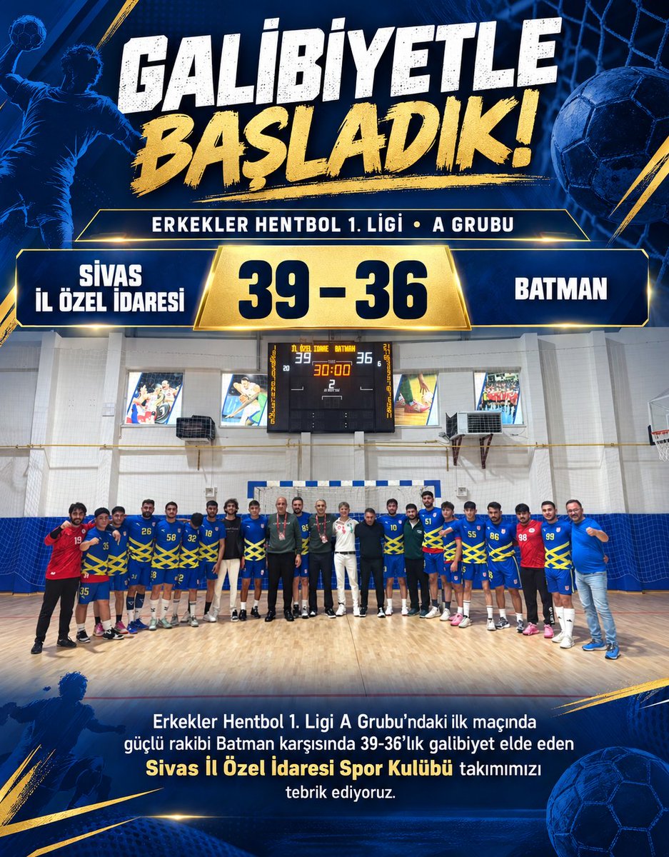 ozelidaresivas's tweet photo. Erkekler Hentbol 1. Ligi A Grubu’ndaki ilk maçında güçlü rakibi Batman karşısında 39-36’lık galibiyet elde eden Sivas İl Özel İdaresi Spor Kulübü takımımızı tebrik ediyor, başarılarının devamını diliyoruz.

💙💛 https://t.co/T1j1sU2hzg