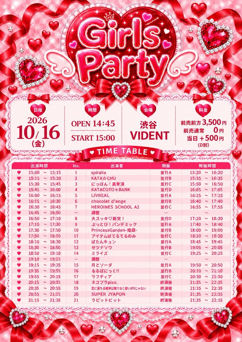batakyun_idol's tweet photo. ♥️10/16(金)タイムテーブル解禁♥️

『Girls Party』
◾️ 渋谷VIDENT
◾️ 開場14:45 / 開演15:00
［ライブ］18:10-18:30
［特典会］18:45-19:45(A)
◾️ 前売前方 ¥3,500 / 前売通常 ¥0 （D別）
※当日＋¥500
🎫 https://t.co/xiDj03eERA
🎁 お目当て
前方 サインチェキ券＋1pt
通常 写メ券＋1pt https://t.co/Aux2PjlcBn