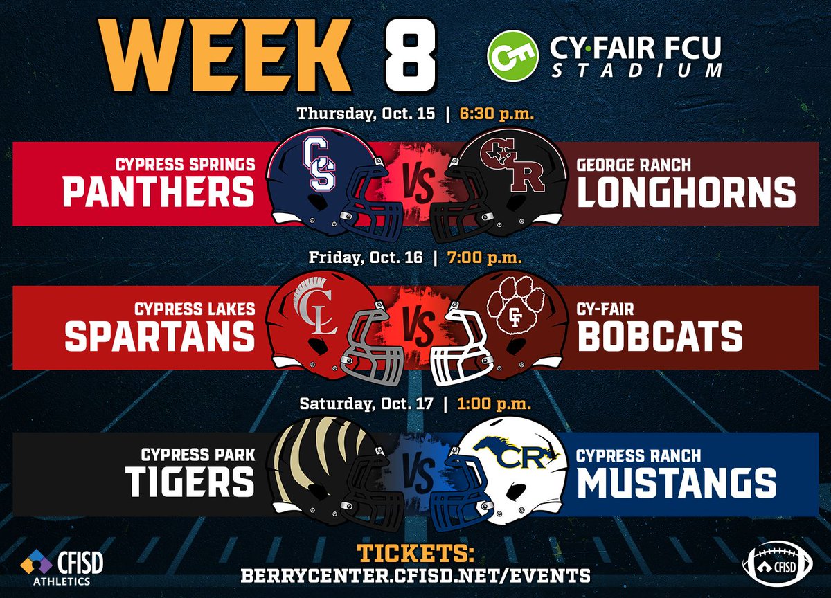 BerryCenter's tweet photo. 🏈 Another exciting week of matchups is coming to Cy-Fair FCU Stadium!
🎟️ Get your tickets at: https://t.co/7wgExYSUsE
Know before you go: https://t.co/oF8rmHpzKK
#CFISDFootball @CFISDAthletics https://t.co/BuCZb3ZOZ8