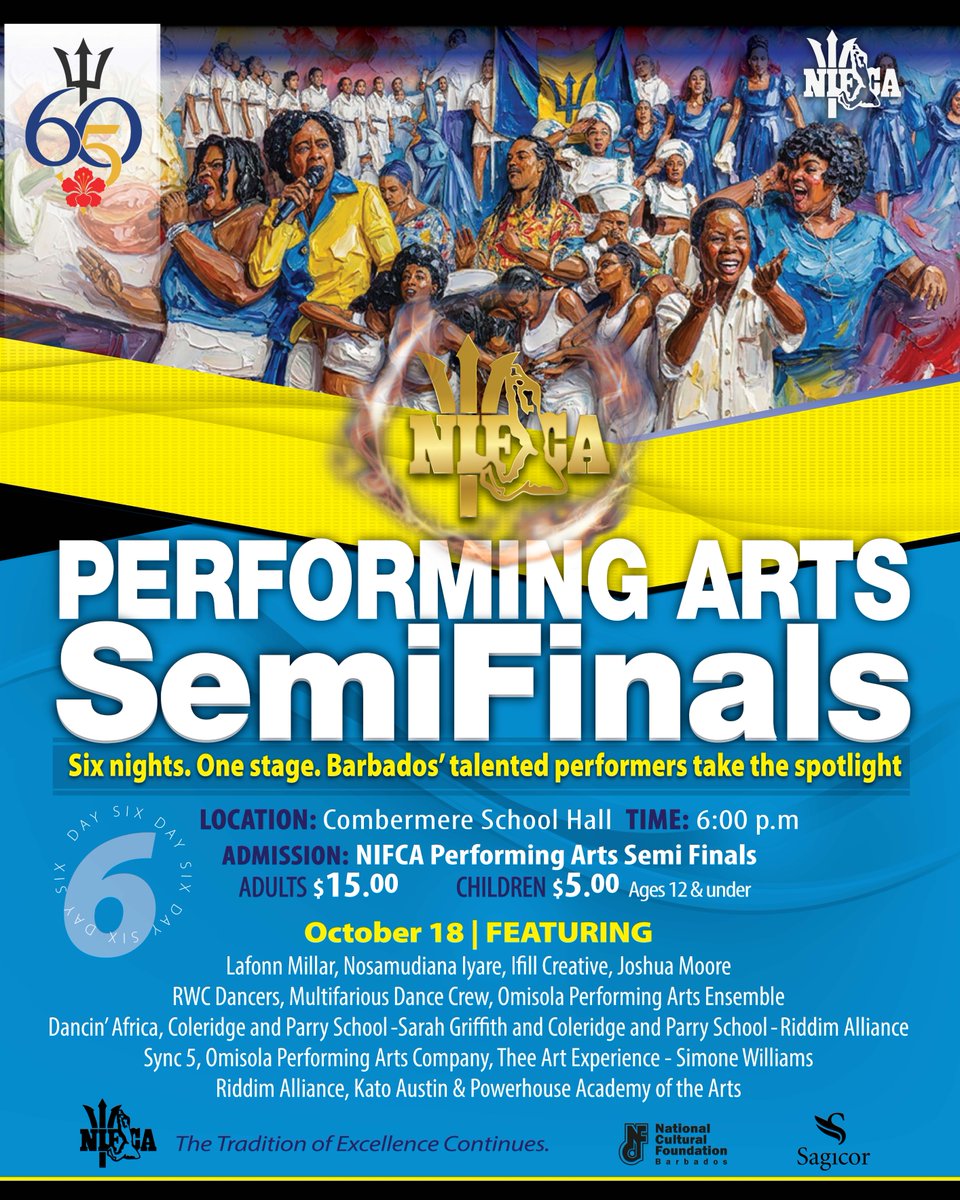 NCFBarbados's tweet photo. Join us for another NIFCA weekend!

Music takes the spotlight on Friday; Saturday features a mix of Music, Dance, and Theatre; and Sunday features Dance and Theatre.

⚠️ Due to the competitive nature of the event, children under 3 will not be admitted. https://t.co/HWRL4ogDsi