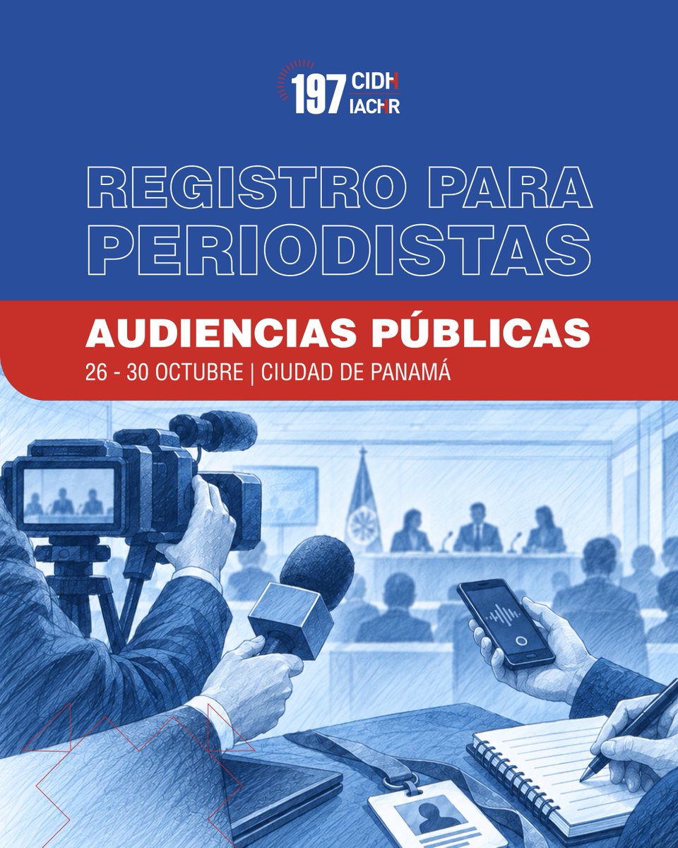 CIDH's tweet photo. Las 29 audiencias del #197PeríodoCIDH estarán abiertas al público y a la prensa en Ciudad de Panamá. 🪑📰  

También contarán con transmisión en vivo por YouTube 📹🔴 

✍🏾 Si eres periodista y te gustaría cubrirlas, regístrate en este link: https://t.co/ebzVMuvzWs https://t.co/07mryMkGJT