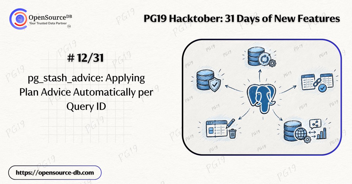 opensource_db's tweet photo. Welcome to #Day12 of our PG19 #Hacktober Series

Today we're continuing the series-31 Days of New Features with a closer look at "pg_stash_advice: Applying Plan Advice Automatically per #Query ID".

Author: #ChandiniKurada

Read the full blog here:
https://t.co/3oYlnOaABO

#DBA https://t.co/GoXXD0nV47