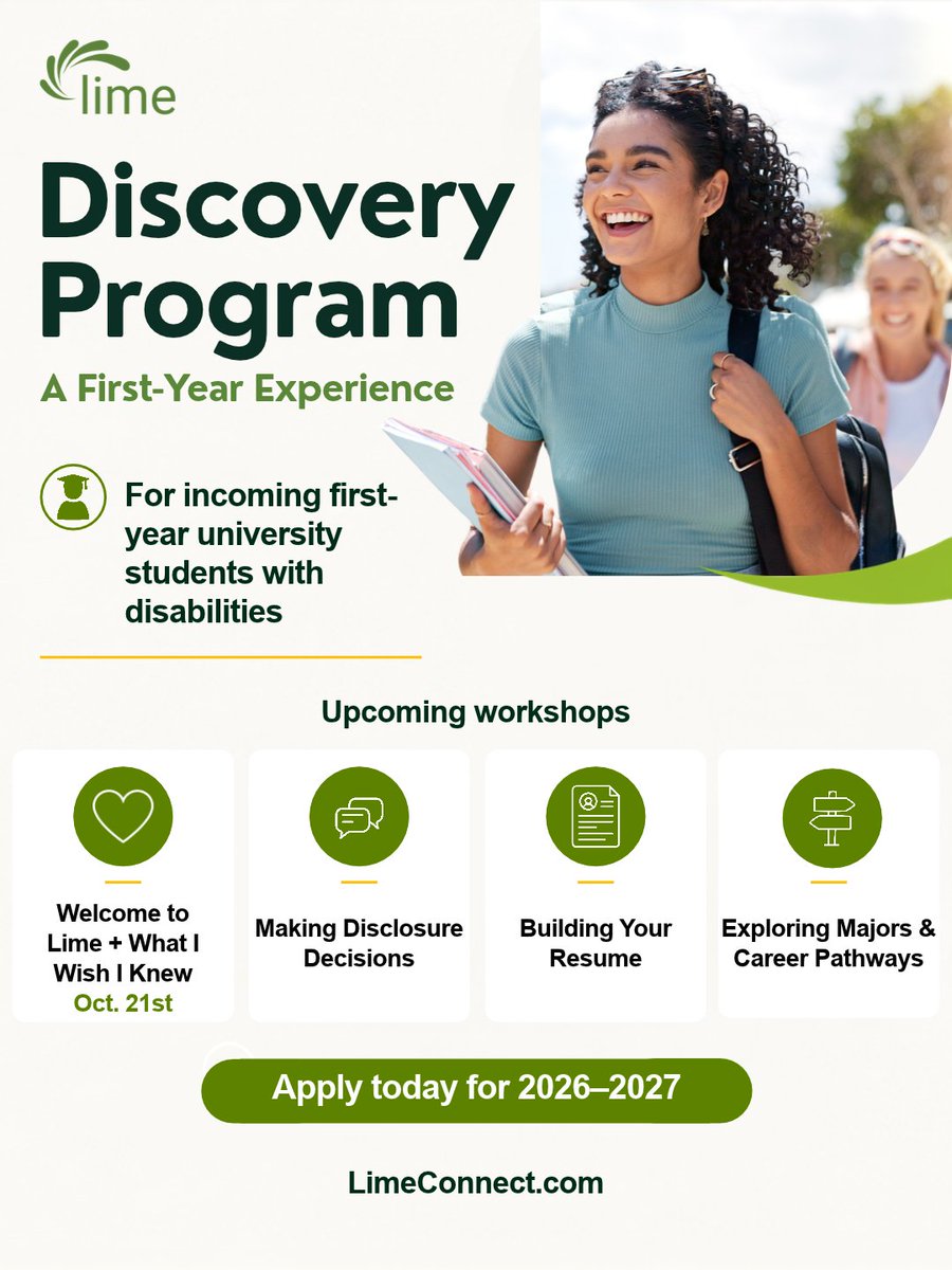 limeconnect's tweet photo. Starting college can feel like everyone else got a manual you missed. Our Discovery Program: A First-Year Experience is for incoming students with disabilities to ask the hard questions about the transition. The first workshop is October 21!

Apply at https://t.co/DqgpoaZYj7! https://t.co/KLP6cSf1hP