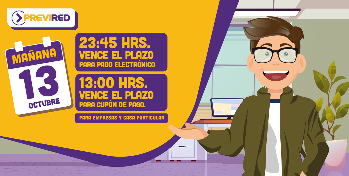 PreviRed's tweet photo. ⏰Recuerda mañana 13 de octubre vence el plazo para el pago de cotizaciones.

El cierre a las 23:45 hrs. para pagos electrónicos corresponde a un horario excepcional, por lo que te recomendamos realizar tu trámite con anticipación.💻 

👉 Más información: https://t.co/vo8u3L0kub https://t.co/71hDiRzGbh