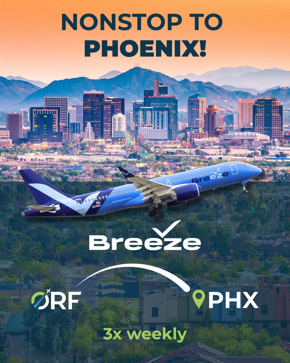FlyORF's tweet photo. Snowbirds rejoice! A fan favorite seasonal route returned earlier this month 🌵 Fly nonstop to Phoenix, AZ (PHX) from ORF on @BreezeAirways ✈️ This route flies Sunday, Tuesday and Thursday. https://t.co/xbOMlkSFTz