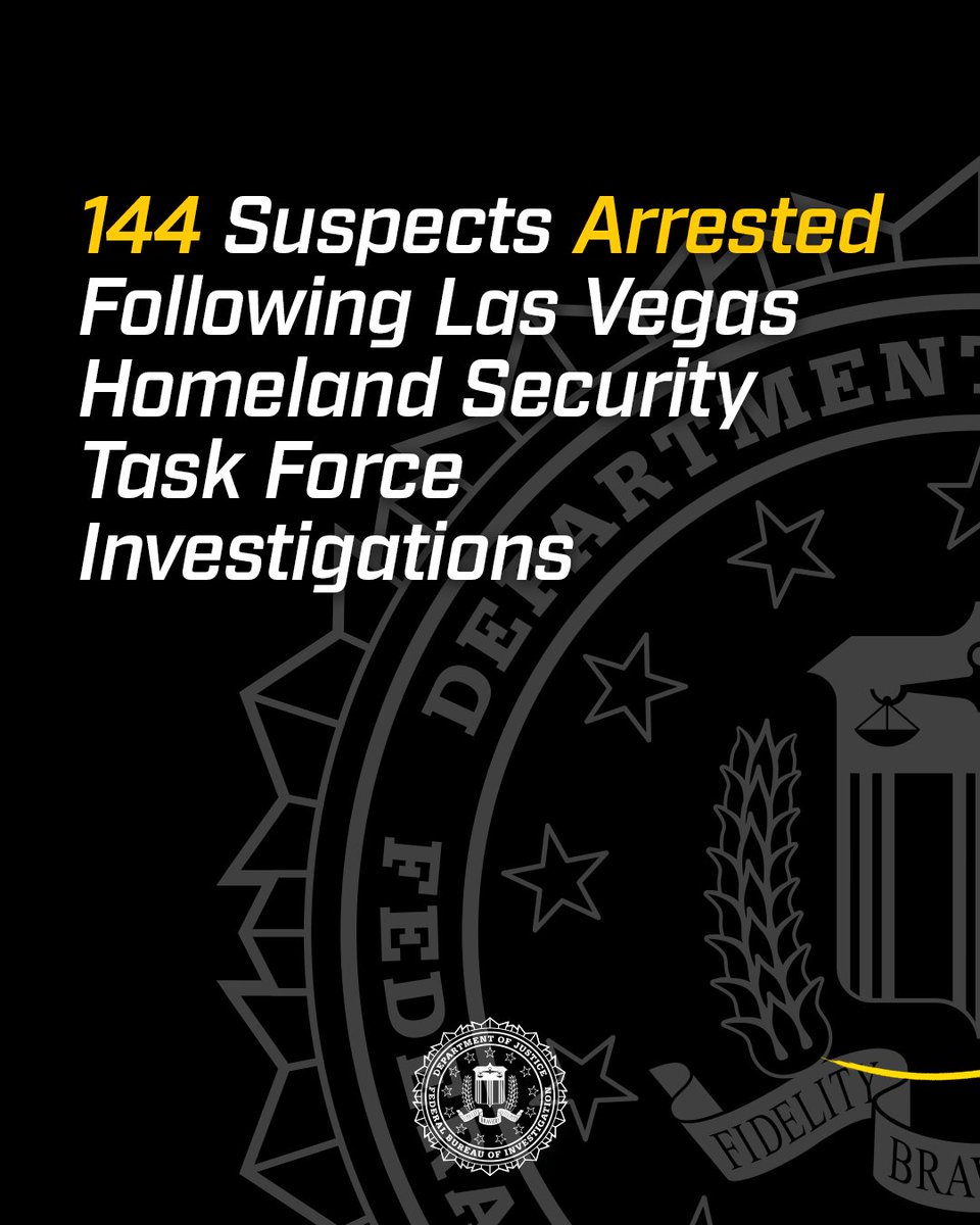 FBI's tweet photo. Case Update from @FBILasVegas: Homeland Security Task Force (@HSTaskForce) Core 8 launched Operation Loaded Dice in July 2026. Over the course of the approximately three-month initiative, HSTF law enforcement authorities arrested 144 suspects, seized 290 firearms, including machine guns, and seized 1,124 kilograms of narcotics and more than $1 million in cash and other assets.

Learn more: https://t.co/qTU3N1y1Xe