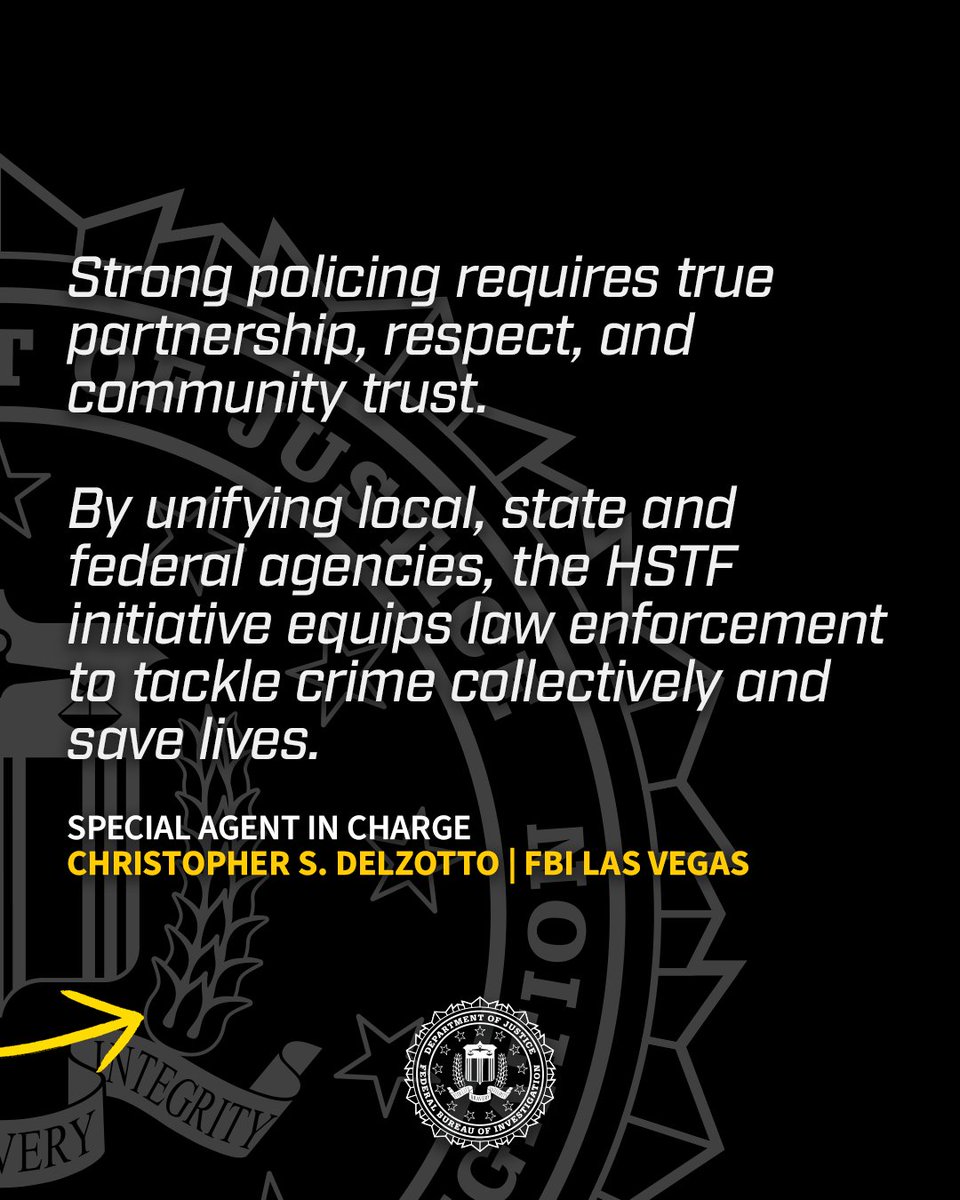 FBI's tweet photo. Case Update from @FBILasVegas: Homeland Security Task Force (@HSTaskForce) Core 8 launched Operation Loaded Dice in July 2026. Over the course of the approximately three-month initiative, HSTF law enforcement authorities arrested 144 suspects, seized 290 firearms, including machine guns, and seized 1,124 kilograms of narcotics and more than $1 million in cash and other assets.

Learn more: https://t.co/qTU3N1y1Xe
