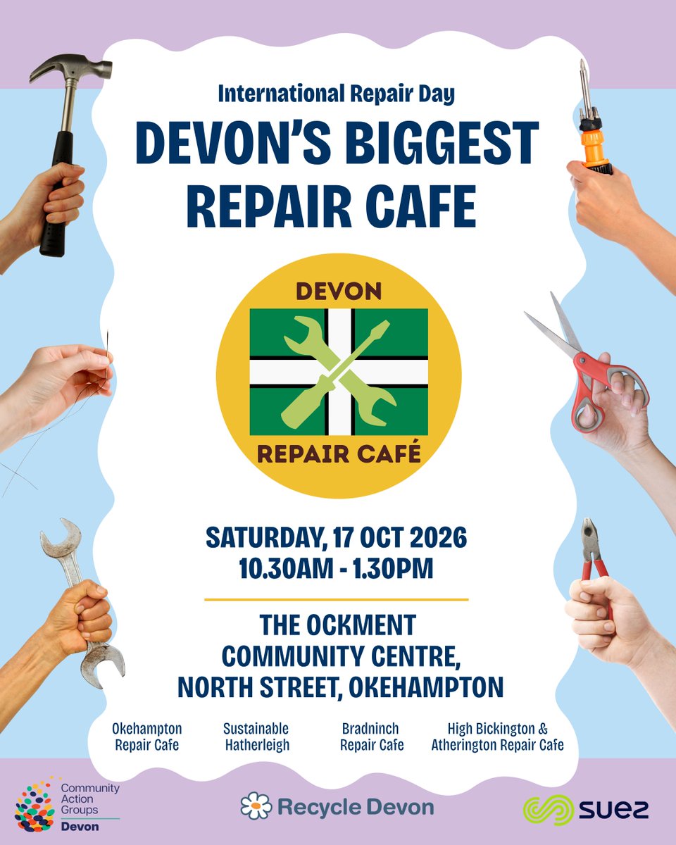 RecycleDevon's tweet photo. Tomorrow is Devon's Biggest Repair Café! 🌟

Volunteers from Transition Town Okehampton, Sustainable Hatherleigh, Sustainable Bradninch  and The Repair Cafe, High Bickington & Atherington are coming together with Recycle Devon, to celebrate #InternationalRepairDay tomorrow!

Join us at The Ockment Centre, Okehampton from 10.30-1.30 for free:
🪡Textile and clothes repairs
🔌Electrical & tech item fixes
🛠 Mechanical & household repairs,
🚲Bike Repairs and
🧁 Delicious cakes!

#WhatsonDevon #Okehampton #reducereuserecycle @suezUK @CAGDevon @WestDevon_BC