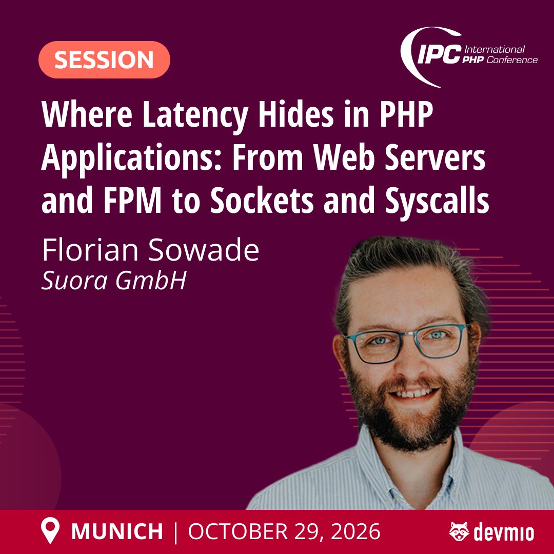 phpconference's tweet photo. 🐌 Fast PHP, slow app?

At #IntPHPcon, Florian Sowade shows you how to:
⚡ Find bottlenecks
🔍 Understand FPM &amp; sockets
🚀 Cut latency

📅 Thursday, October 29, 2026 | 🕘 09:00 - 09:45 | IPC | 📍 Munich

🔗 https://t.co/cgHuDSKp7O

#PHP https://t.co/m29VNdCFwo