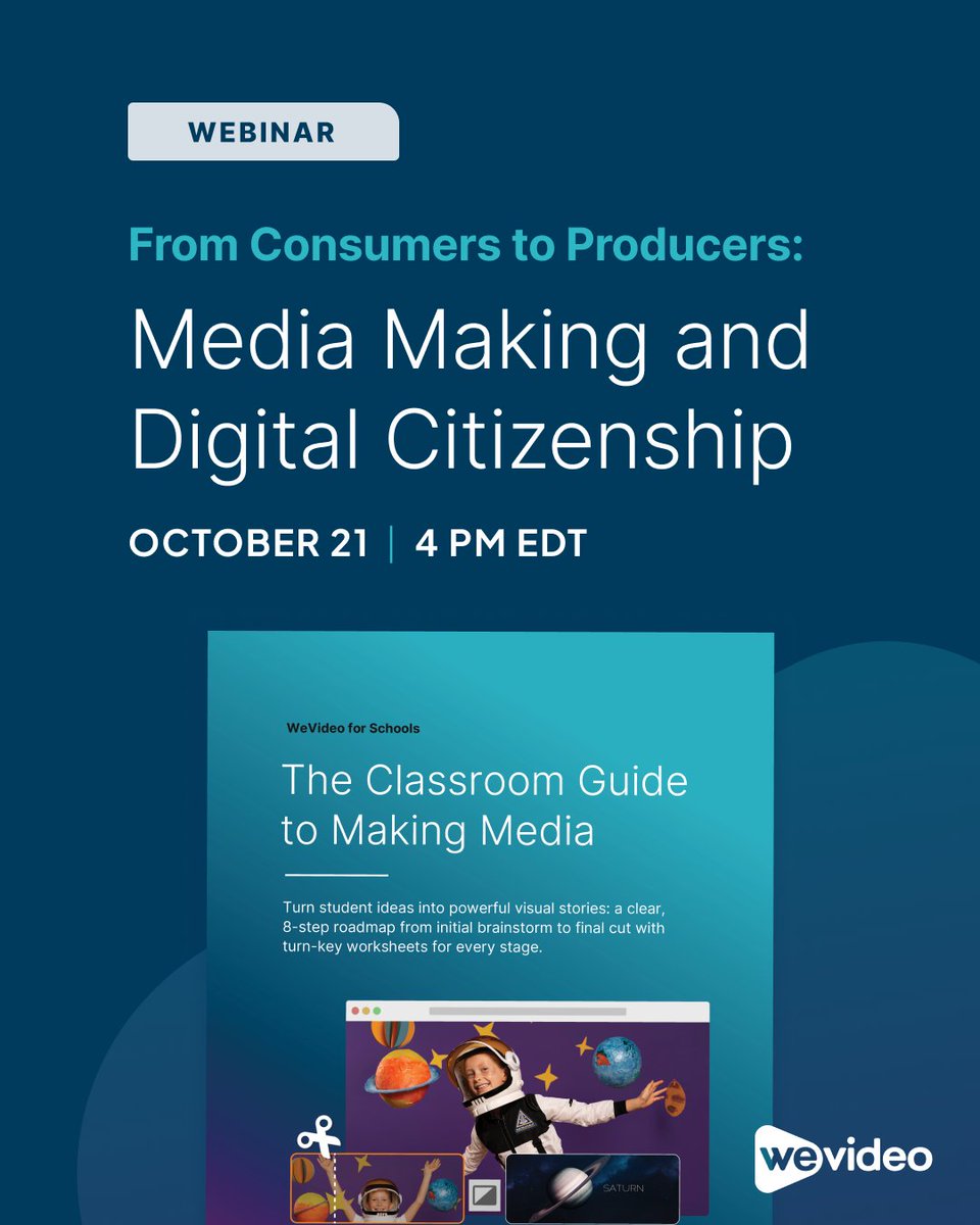 WeVideo's tweet photo. Students can recite the rules of digital citizenship and still never practice them! Join us Oct 21 at 4:00 PM EDT to see how media making turns rules into practice and leave with an eight-stage project roadmap and rubric to get started.

Register: https://t.co/kV3FZwf7wp https://t.co/1F1rsLrSS4