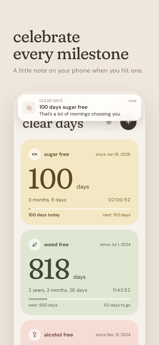 Swopes's tweet photo. My first app is live and I'm so proud 🥹

I built Clear Days for myself while quitting smoking and drinking. Every clear day feels like freedom, and now it's yours too.

A 5 star review helps so much. Feedback? My email is on the privacy page.

https://t.co/X7MAMgDtXj https://t.co/jUhplQxHpE