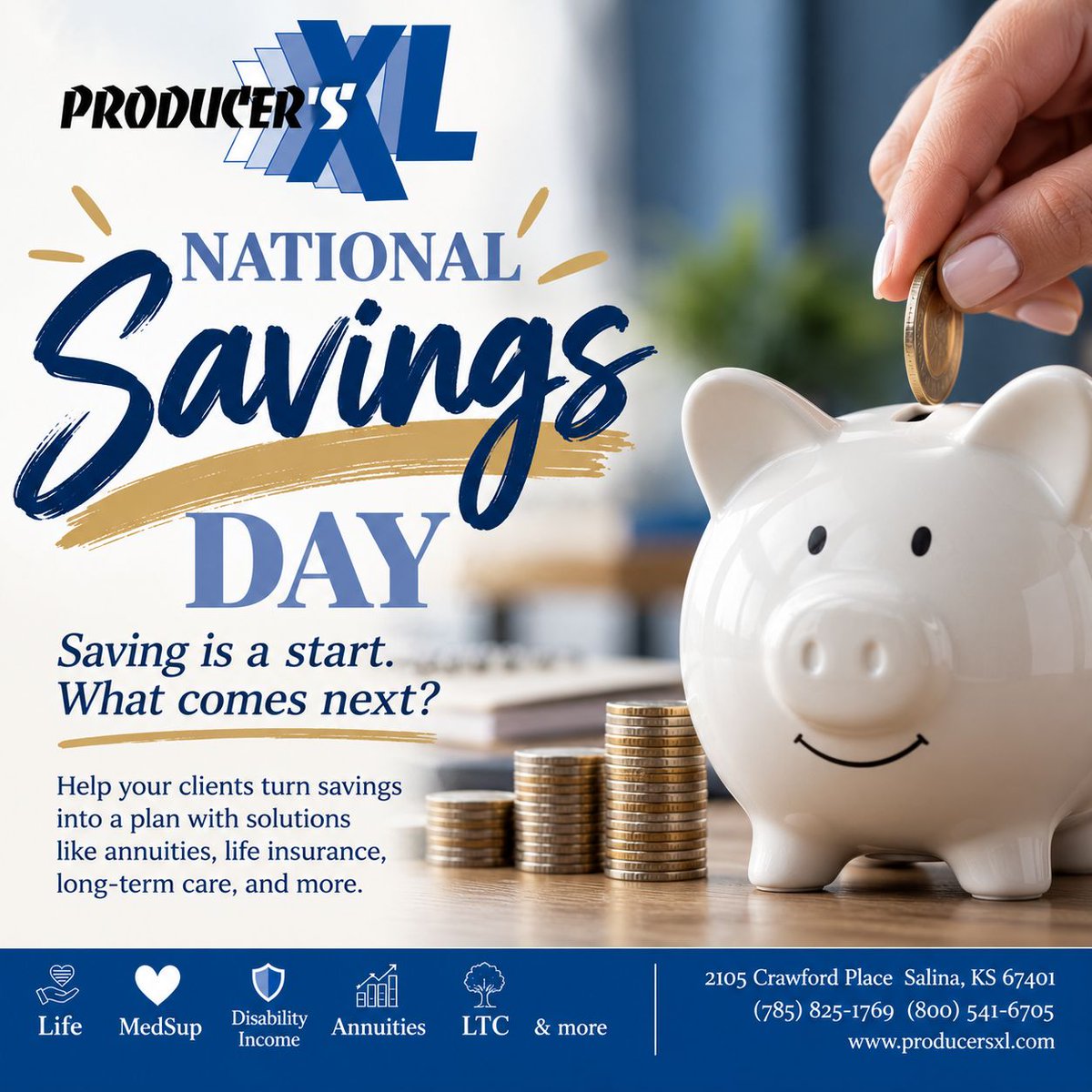 ProducersXL's tweet photo. National Savings Day is a great reminder: saving is only the beginning. 💰
Agents, what opportunities are you leaving on the table? 

👉 Contract with Producers XL: https://t.co/Mofm8vhI0b 

#NationalSavingsDay #ProducersXL #Annuities #LifeInsurance #LongTermCare #InsuranceAgents https://t.co/krqCZWcZ1F