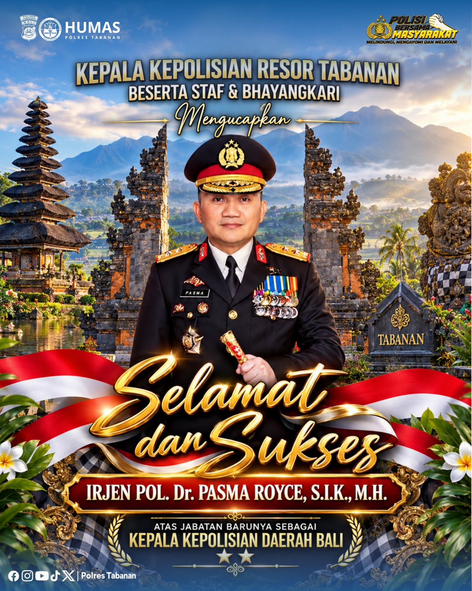 HumasBaturiti's tweet photo. Kapolres Tabanan beserta staf dan Bhayangkari mengucapkan selamat dan sukses kepada Irjen Pol. Dr. Pasma Royce, S.I.K., M.H. atas jabatan barunya sebagai Kepala Kepolisian Daerah Bali (Kapolda Bali).

Semoga senantiasa diberikan kesehatan, kekuatan, dan kebijaksanaan dalam https://t.co/CjIT2VyaoF