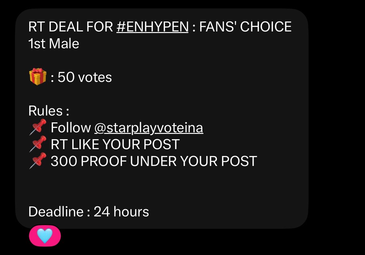 02byjay's tweet photo. RT DEAL FOR #ENHYPEN : FANS' CHOICE 1st Male

🎁 : 50 votes 

Rules :
📌 Follow @starplayvoteina
📌 RT LIKE YOUR POST 
📌 300 PROOF UNDER YOUR POST

Deadline : 24 hours https://t.co/gZiaal2AuQ