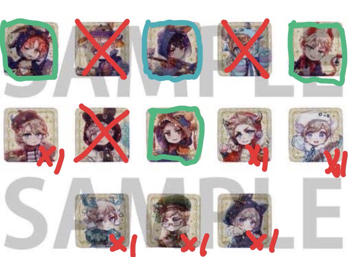 kyz2es's tweet photo. 青い線→激求
緑線→求です。
基本まとめ買いの方優先です。
原画展ビジュ2BOX
スクエア缶バッジ1BOX
カード1BOX
定価➕送料＞交換です。
希望者多そうな場合はBOX増やす予定です。
基本手渡しorヤフーの交換システムになります。
手渡し可能日程が
10月18日
10月31日午後
11月7日
11月18 https://t.co/Sga0XbczCa