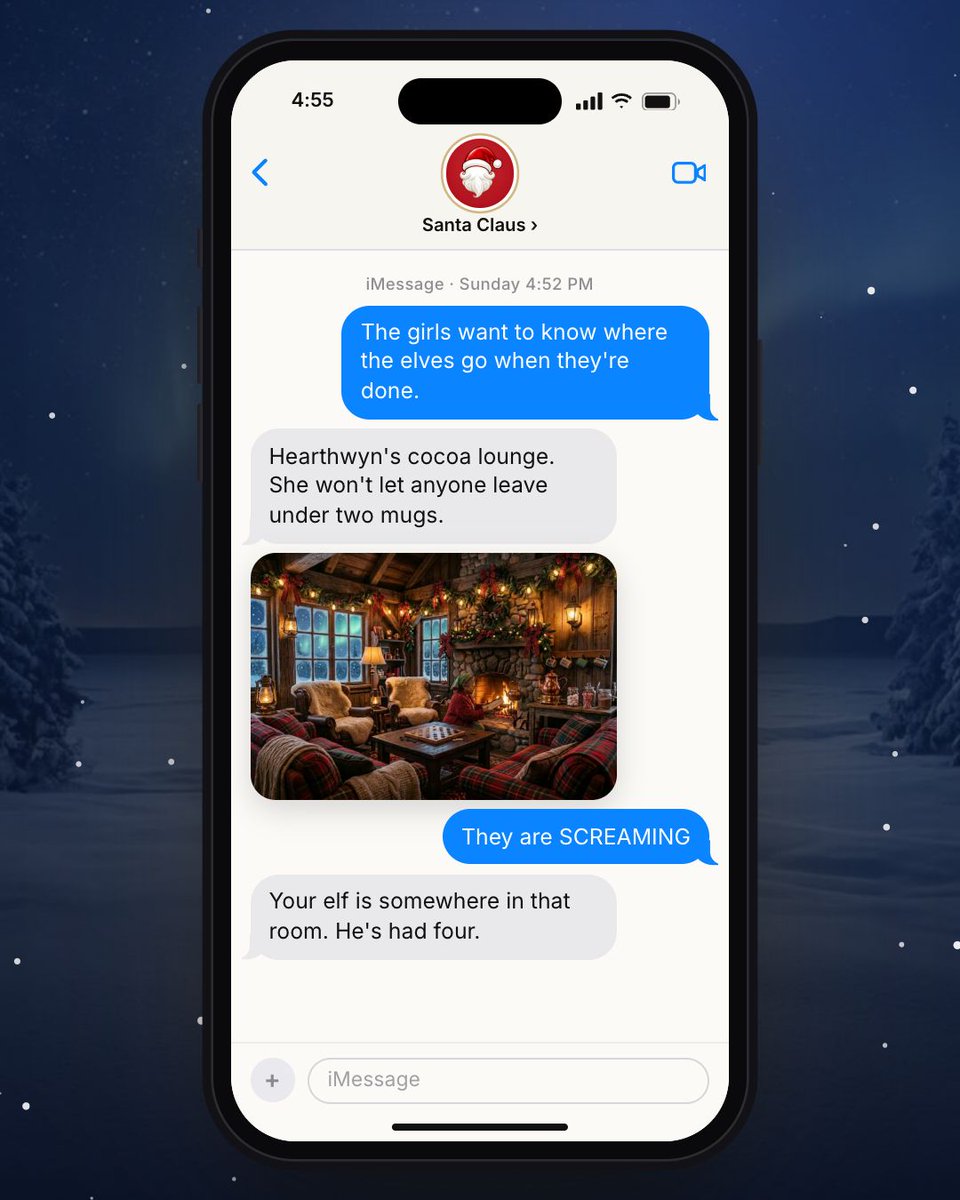 textsantaai's tweet photo. There are real rooms up there, with real people in them. Ask him about any of it.
Santa texts families in your messages — no app.
#textsanta #northpole #christmaself #santaclaus #holidayfun #momsofinstagram #Christmas #Santa
https://t.co/dh6QWMJI1Y https://t.co/GGV9oVQpy5