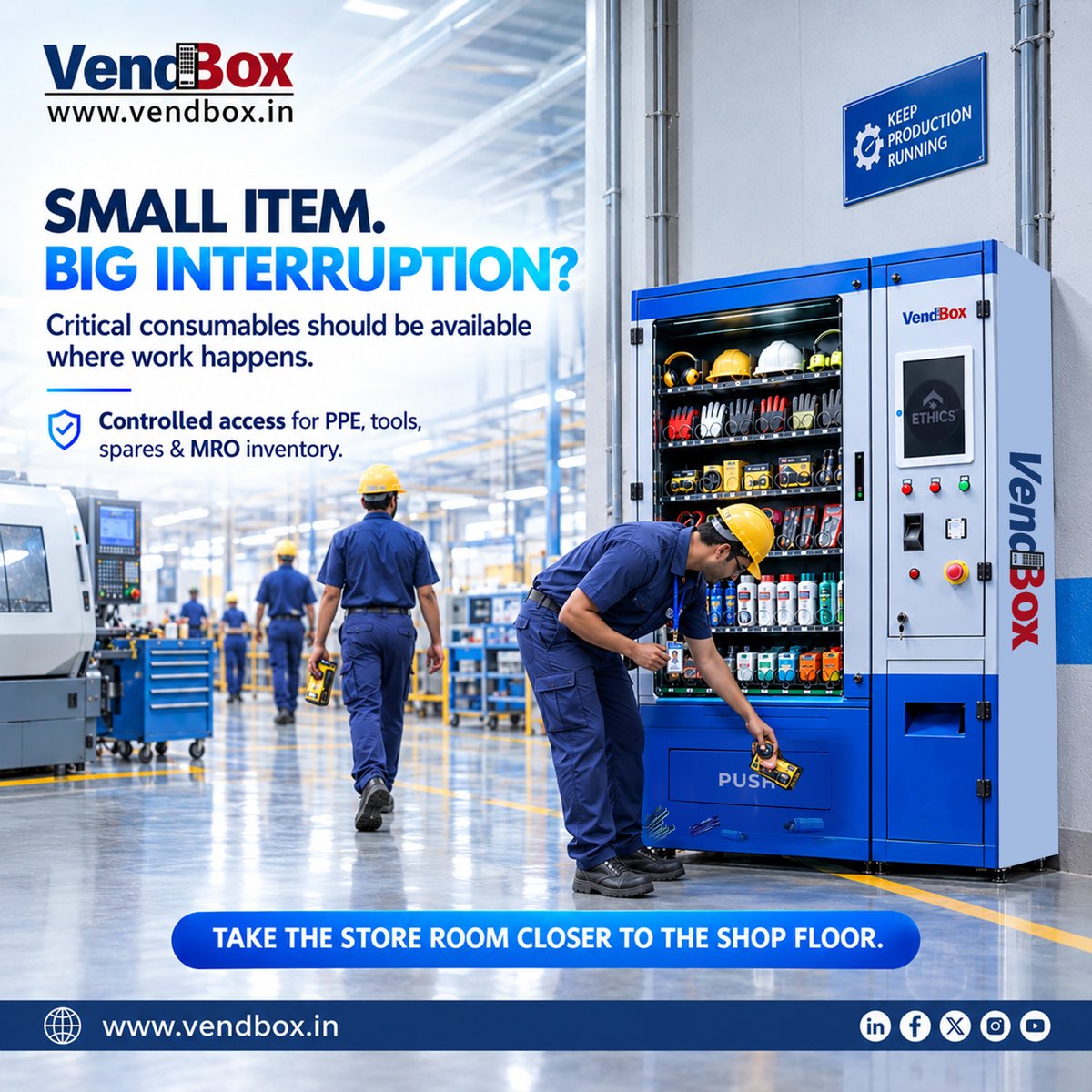 VendBoxIn's tweet photo. A small consumable should never become a big production problem. Keep frequently required PPE, tools, and MRO inventory closer to the point of use with VendBox.
#PPEManagement #InventorySolutions #VendBox #WorkplaceSafety #EfficiencyBoost https://t.co/EO3fXXBEu2