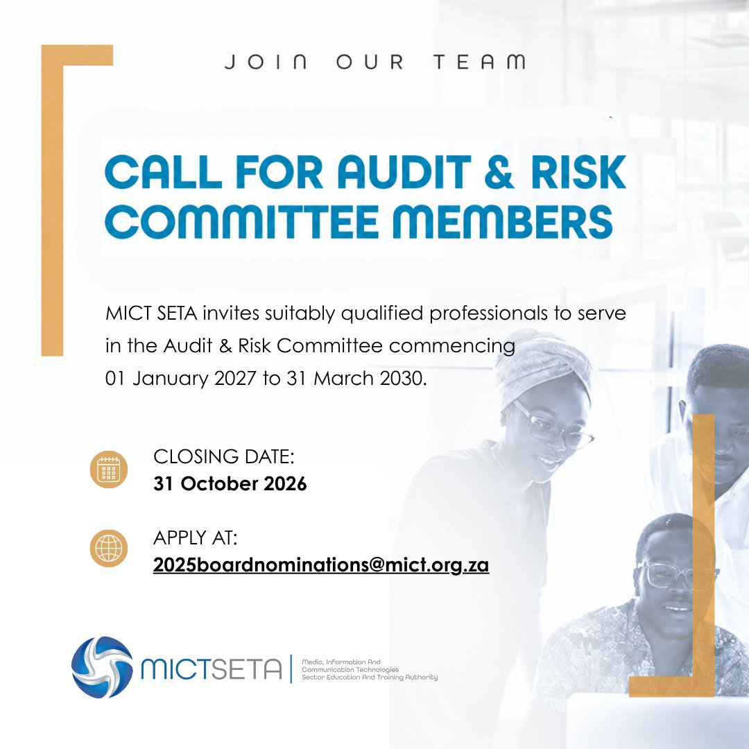 MictSeta's tweet photo. MICT SETA is inviting suitably qualified professionals to serve in the Risk and Risk Committee for the period (01 Jan 2027 - 31 Mar 2030). 

Interested applicants must submit their applications by 31 October 2026. 

For more information, click on the link: https://t.co/5rWkx4uAoi https://t.co/zbUhMrlbAr