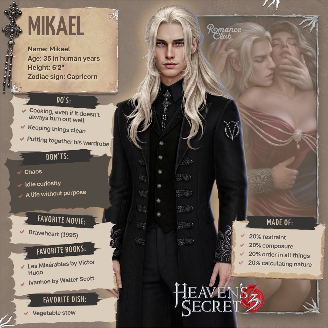 ysiromanceclub's tweet photo. Mikael from Heaven's Secret 3: Eternity's End. ☁️

💬 Interesting fact:

Mikael was never particularly soft-hearted, and he honed his healing abilities purely out of an innate sense of duty rather than any genuine desire to help others. His mother would often joke that Shepha must have mixed something up and given her son the wrong gift. Mikael, however, was grateful for it and believed it was his responsibility to master what he had been given. He trained tirelessly and never passed up a chance to help an injured animal or anyone who came to him in need.

For a while, when he was young, a girl who lived nearby seemed to come to him especially often with broken bones and bruises. Mikael was genuinely baffled by her bad luck and reminded her about basic safety every single time. But when Naum laughingly told him that she was deliberately getting herself into trouble just for another chance to be alone with the angel she had a crush on, Mikael had no trouble refusing to heal her the next time she came to him, deeming her behavior reckless and dangerous. And who knows how many broken bones that decision ultimately saved her from.

#visualnovel #mobilegaming #pcgaming #romanceclub