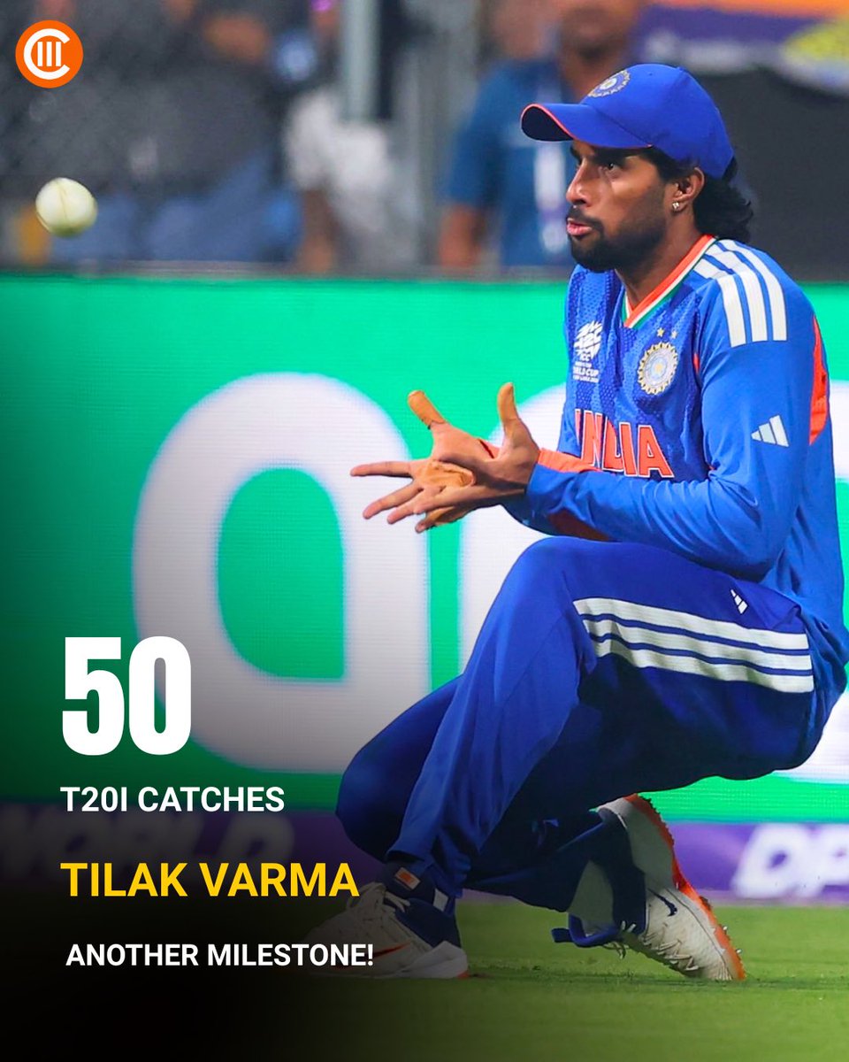 crickrate's tweet photo. 50 T20I catches and counting! 🧤🔥

Tilak Varma reaches another milestone, making his mark in the field for Team India! 🇮🇳💙

#INDvWI #T20I #Crickrate https://t.co/cBDK6frpi5